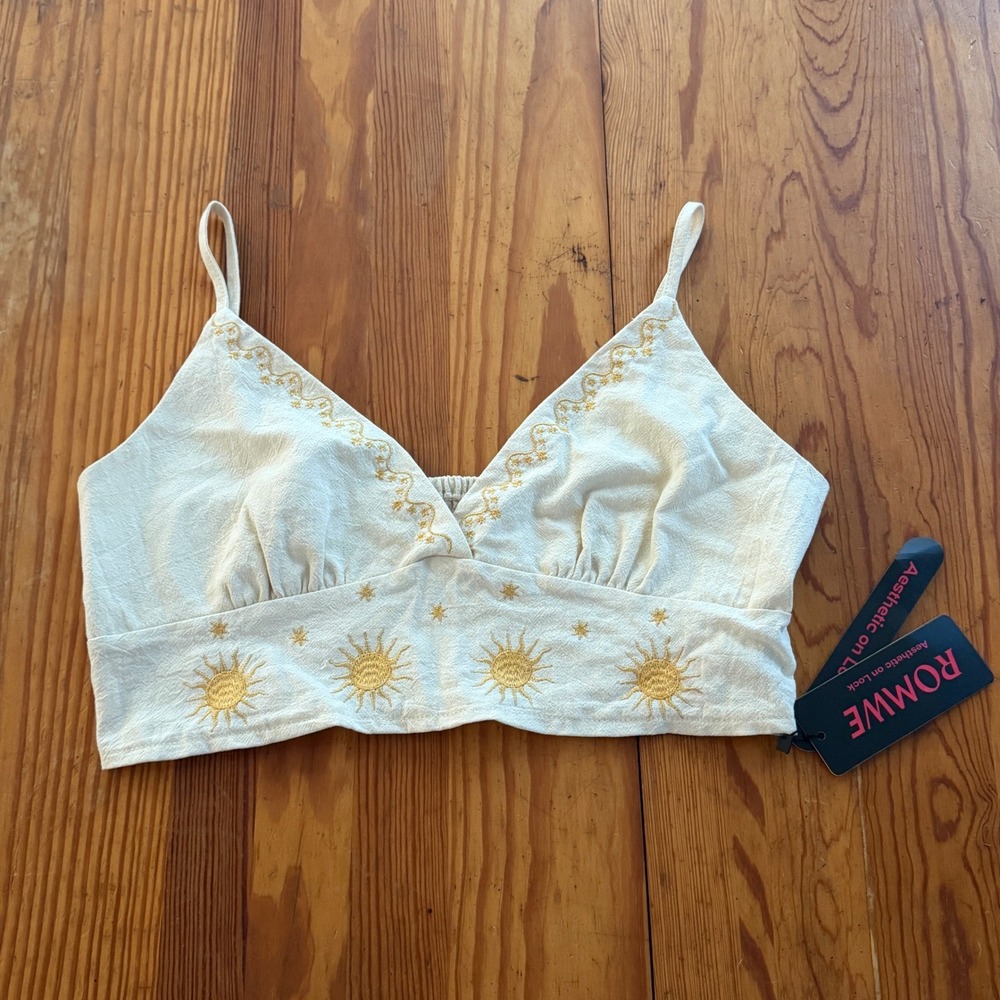 Sun Star Embroidered Crop Top Cream Cotton Smocked Back Boho Cami Large by ROMWE